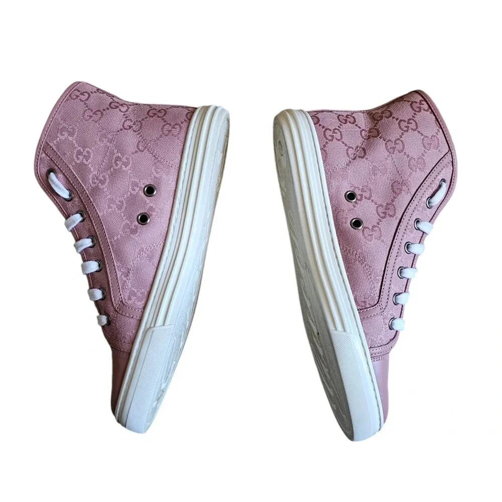 Gucci Rebel High Top GG Sneakers EU 37 US 7 Pink Monogram Canvas Lace Up Cap Toe - Picture 5 of 11